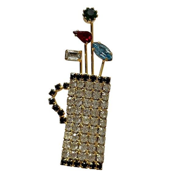 Golf Bag / Clubs Rhinestone Brooch Pave Set Colored Vintage Designer Jewelry - Picture 1 of 7